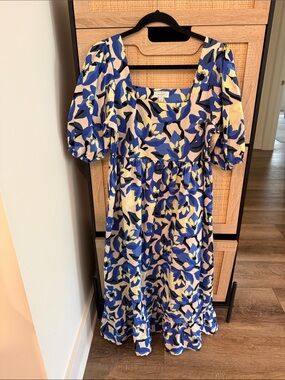Floral Square-Neck Midi Dress in Blue and Yellow